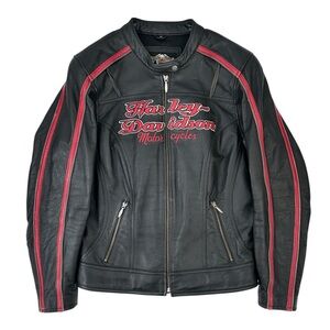 Vintage Harley Davidson Black Red Vented Embroidered Leather Biker Riding Jacket